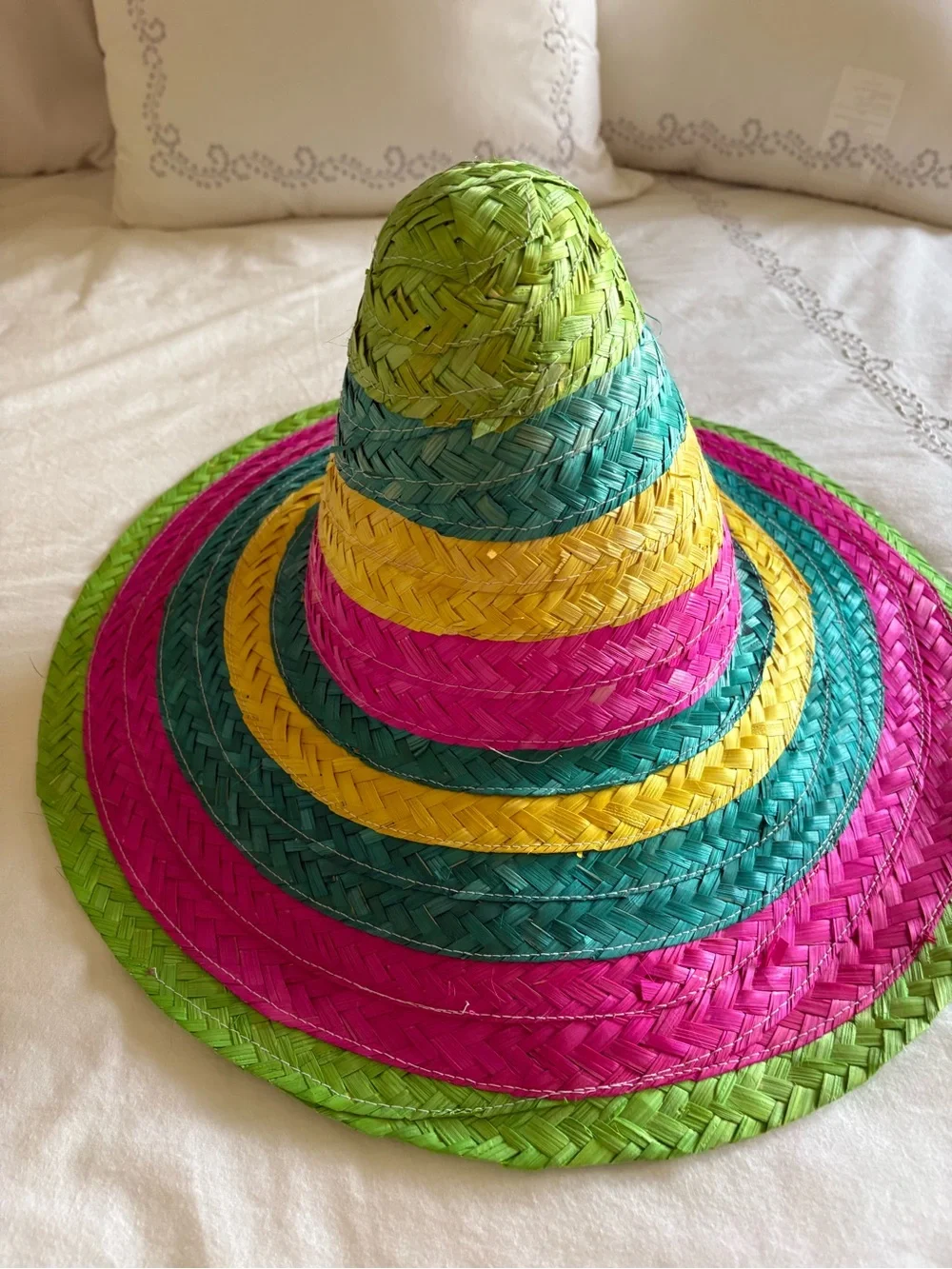 Colorful Woven Straw Sombrero Party Hat — Rainbow Striped Fiesta/Cinco de Mayo